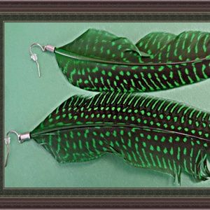 Green & Black Long Dangle Feather Earrings Native